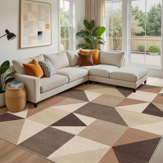 MICGEEK 8x10 Washable Area Rugs for Living Room, Modern Geometric Printed Rug, Vacuum-Friendly, Non Slip Indoor Rug for Bedroom Dining Room Home Decor Carpet, Dark Brown