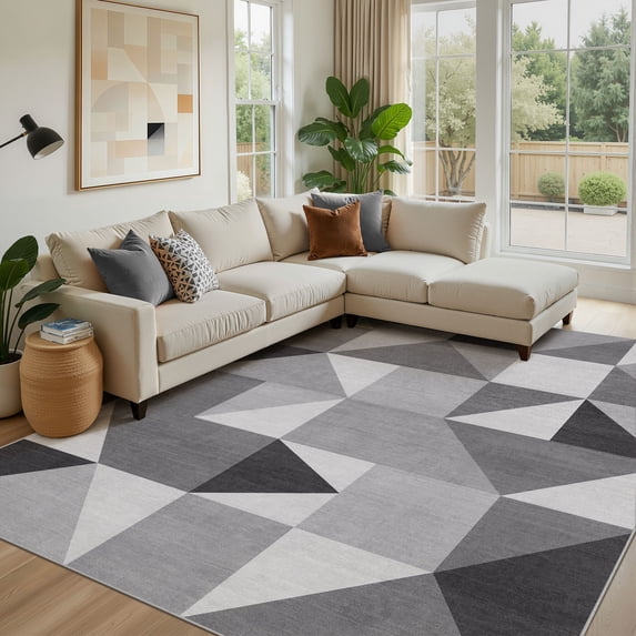 MICGEEK 8x10 Washable Area Rugs for Living Room, Modern Geometric Printed Rug, Vacuum-Friendly, Non Slip Indoor Rug for Bedroom Dining Room Home Decor Carpet, Gray