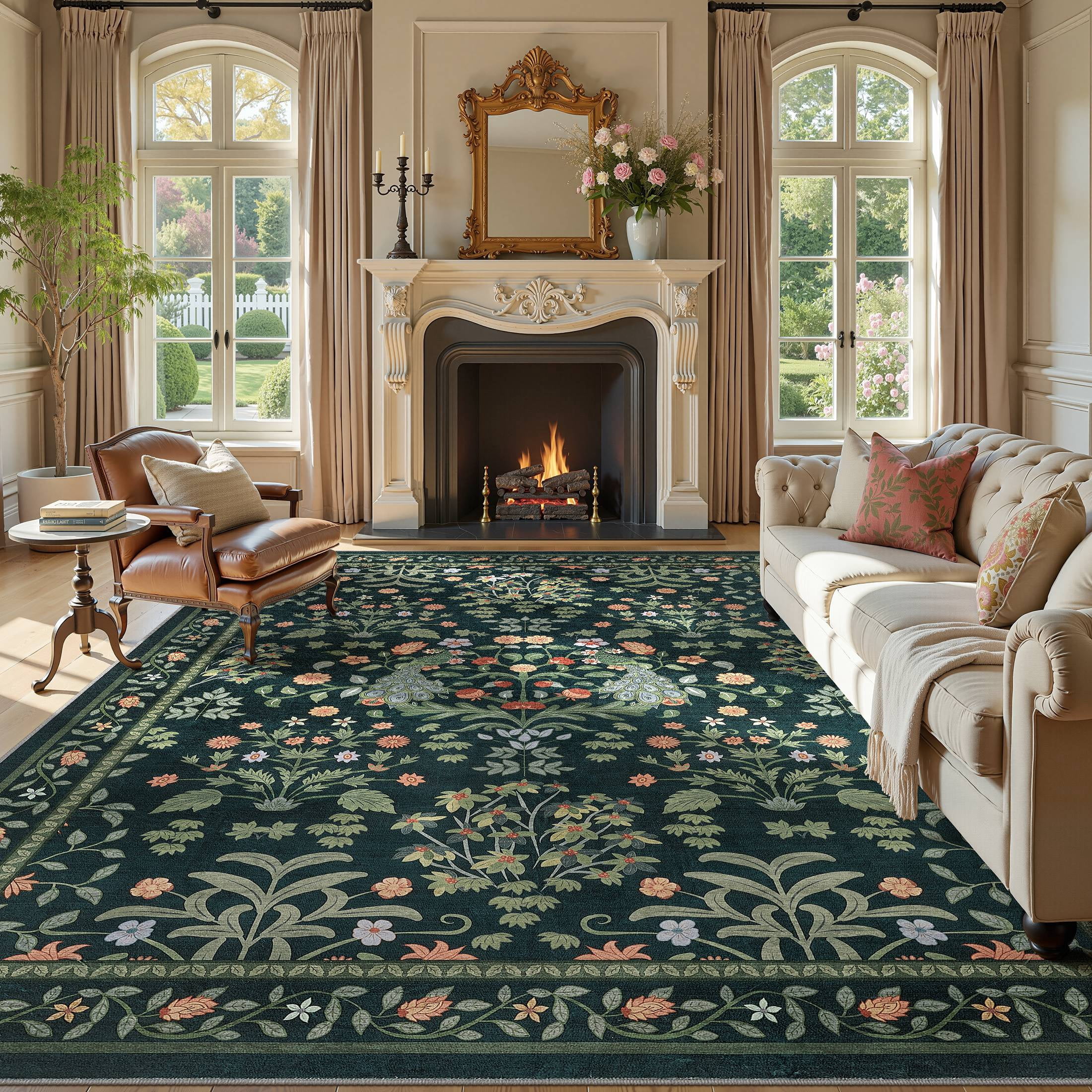 Micgeek Boho 9x12 Area Rugs for Living Room, Floral Non-Slip Washable Rug for Bedroom Home Decor Carpet, Farmhouse Dining Room Office Large Rugs, Dark Green