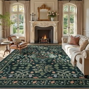 Micgeek Boho 9x12 Area Rugs for Living Room, Floral Non-Slip Washable Rug for Bedroom Home Decor Carpet, Farmhouse Dining Room Office Large Rugs, Dark Green