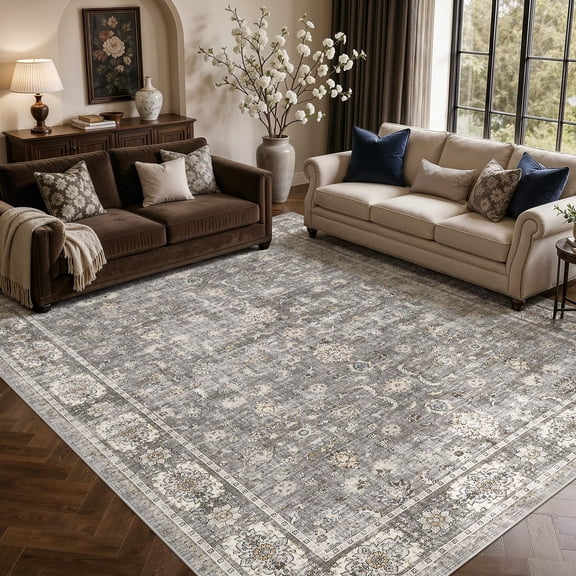 MICGEEK 9x12 Large Area Rugs, Washable Vintage Distressed Rug for Living Room Bedroom Home Office, Stain Resistant Floral Print Traditional Distressed Accent Carpet, Vacuum-Friendly, Gray