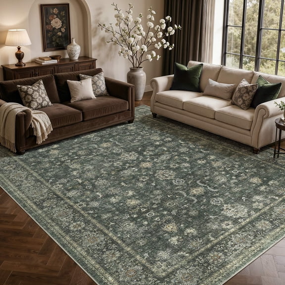 MICGEEK 9x12 Large Area Rugs, Washable Vintage Distressed Rug for Living Room Bedroom Home Office, Stain Resistant Floral Print Traditional Distressed Accent Carpet, Vacuum-Friendly, Green