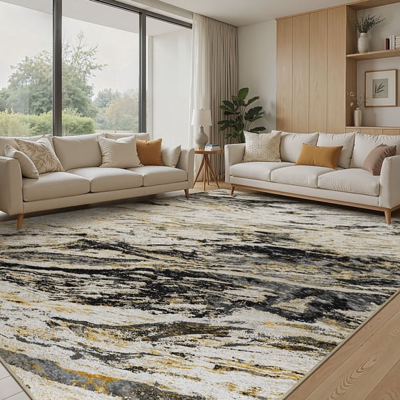 MICGEEK 9x12 Washable Area Rugs for Living Room, Modern Abstract Printed Rug, Vacuum-Friendly, Non Slip Indoor Rug for Bedroom Dining Room Home Decor Carpet, Black/Gold