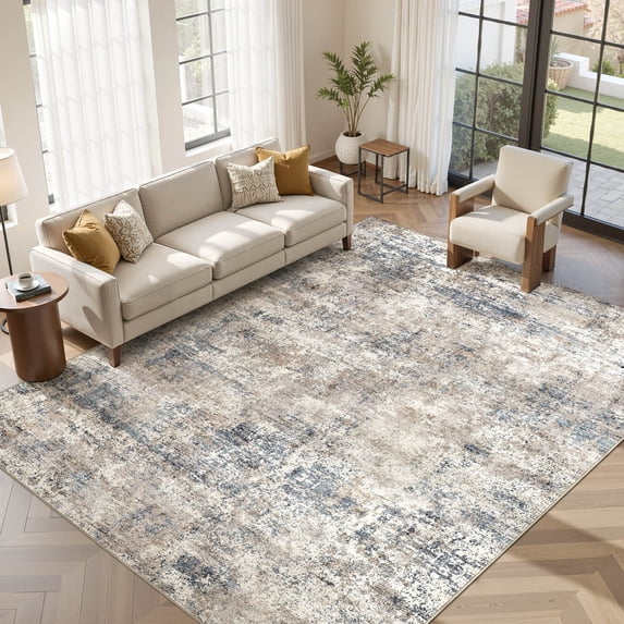 MICGEEK 9x12 Washable Area Rugs for Living Room, Modern Abstract Printed Rug, Vacuum-Friendly, Non Slip Indoor Rug for Bedroom Dining Room Home Decor Carpet, Blue/Brown