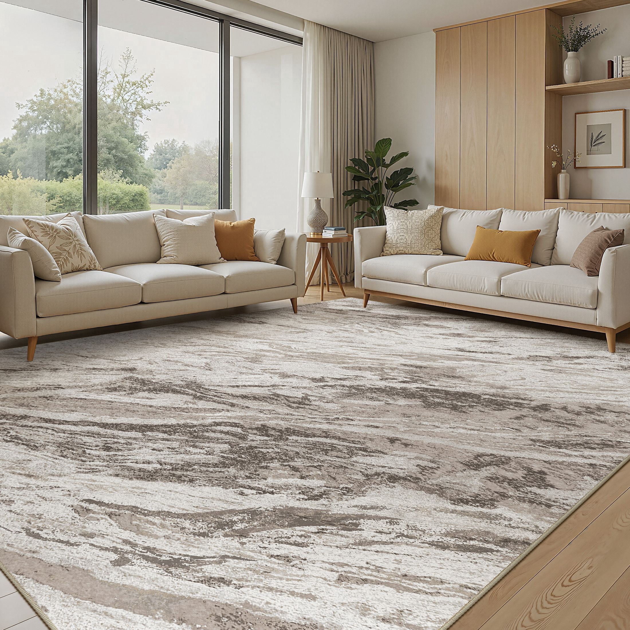 MICGEEK 9x12 Washable Area Rugs for Living Room, Modern Abstract Printed Rug, Vacuum-Friendly, Non Slip Indoor Rug for Bedroom Dining Room Home Decor Carpet, Brown