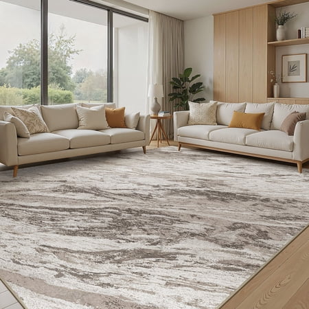 MICGEEK 9x12 Washable Area Rugs for Living Room, Modern Abstract Printed Rug, Vacuum-Friendly, Non Slip Indoor Rug for Bedroom Dining Room Home Decor Carpet, Brown