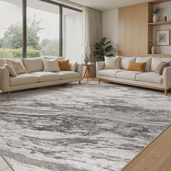 MICGEEK 9x12 Washable Area Rugs for Living Room, Modern Abstract Printed Rug, Vacuum-Friendly, Non Slip Indoor Rug for Bedroom Dining Room Home Decor Carpet, Gray/Brown