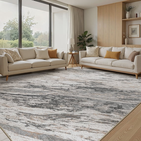 MICGEEK 9x12 Washable Area Rugs for Living Room, Modern Abstract Printed Rug, Vacuum-Friendly, Non Slip Indoor Rug for Bedroom Dining Room Home Decor Carpet, Gray/Brown