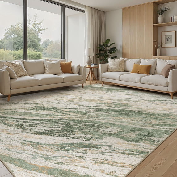 MICGEEK 9x12 Washable Area Rugs for Living Room, Modern Abstract Printed Rug, Vacuum-Friendly, Non Slip Indoor Rug for Bedroom Dining Room Home Decor Carpet, Green/Brown