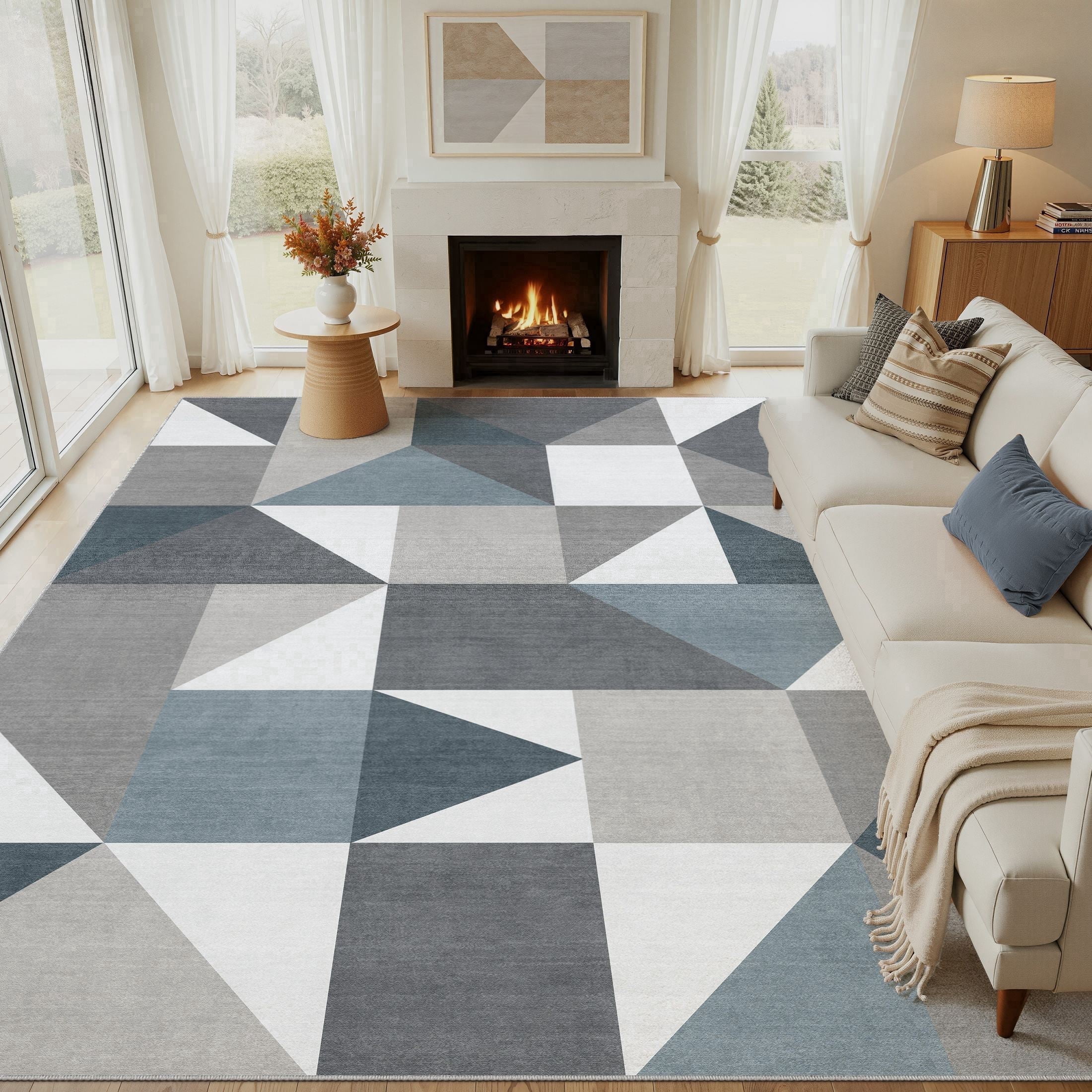 MICGEEK 9x12 Washable Area Rugs for Living Room, Modern Geometric Printed Rug, Vacuum-Friendly, Non Slip Indoor Rug for Bedroom Dining Room Home Decor Carpet, Blue&Gray