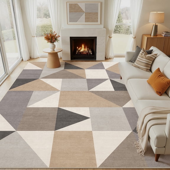 MICGEEK 9x12 Washable Area Rugs for Living Room, Modern Geometric Printed Rug, Vacuum-Friendly, Non Slip Indoor Rug for Bedroom Dining Room Home Decor Carpet, Brown&Gray