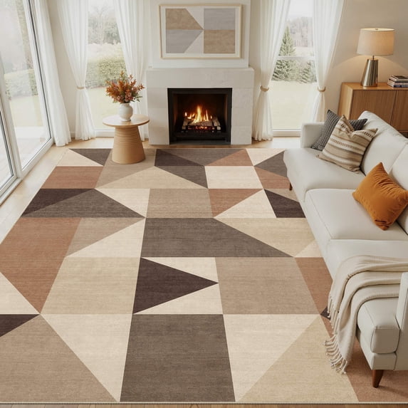 MICGEEK 9x12 Washable Area Rugs for Living Room, Modern Geometric Printed Rug, Vacuum-Friendly, Non Slip Indoor Rug for Bedroom Dining Room Home Decor Carpet, Dark Brown