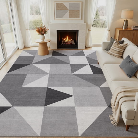 MICGEEK 9x12 Washable Area Rugs for Living Room, Modern Geometric Printed Rug, Vacuum-Friendly, Non Slip Indoor Rug for Bedroom Dining Room Home Decor Carpet, Gray