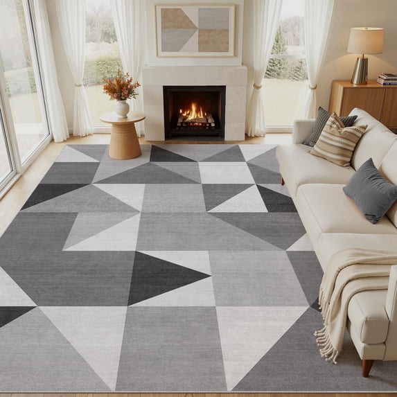 MICGEEK 9x12 Washable Area Rugs for Living Room, Modern Geometric Printed Rug, Vacuum-Friendly, Non Slip Indoor Rug for Bedroom Dining Room Home Decor Carpet, Gray