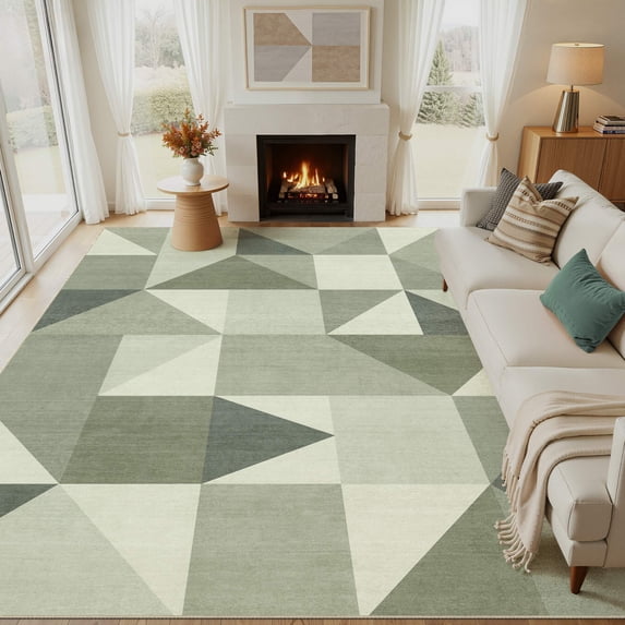 MICGEEK 9x12 Washable Area Rugs for Living Room, Modern Geometric Printed Rug, Vacuum-Friendly, Non Slip Indoor Rug for Bedroom Dining Room Home Decor Carpet, Green