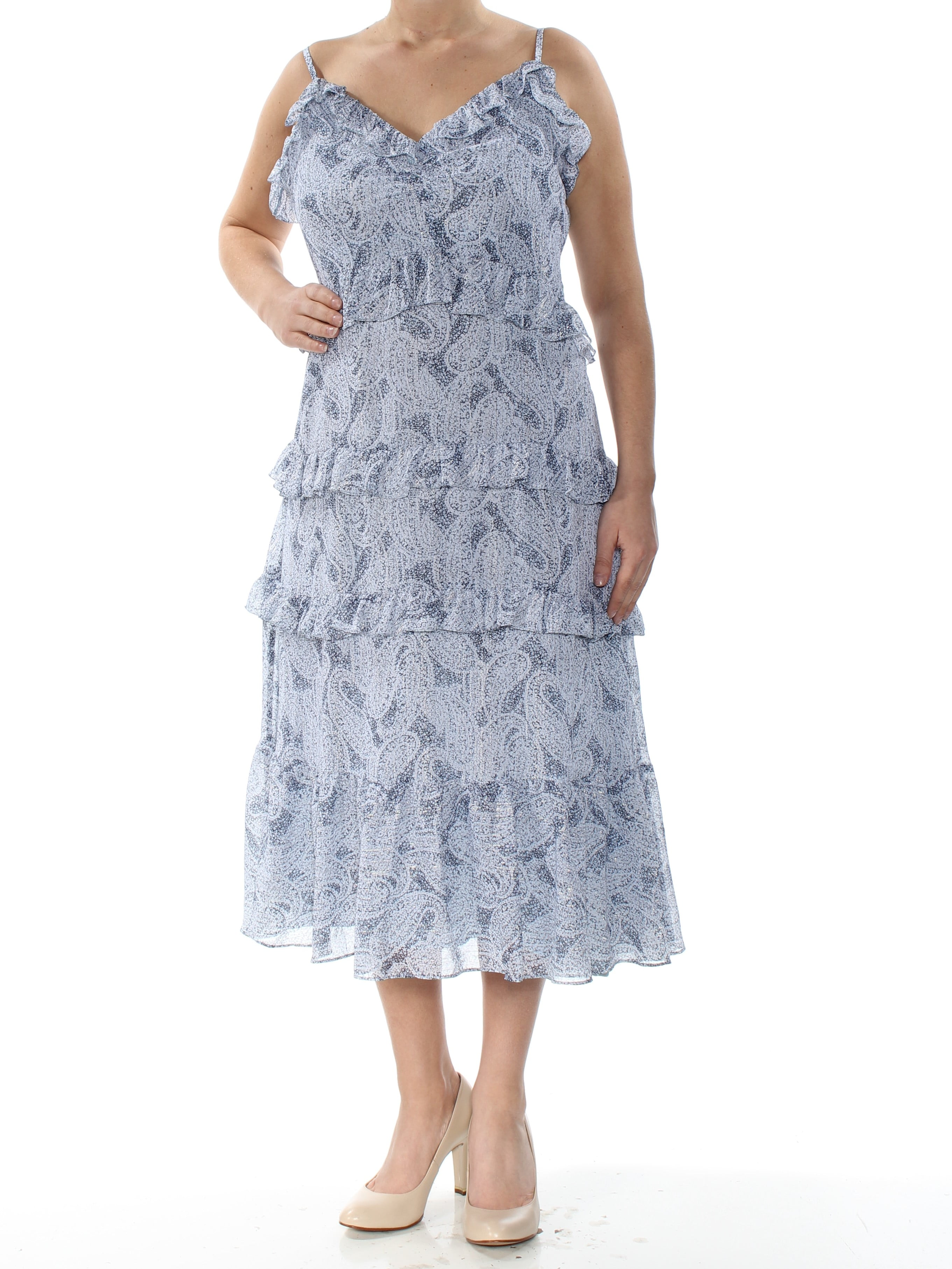 Michael Michael Kors Womens Metallic Tiered Midi Dress Blue L