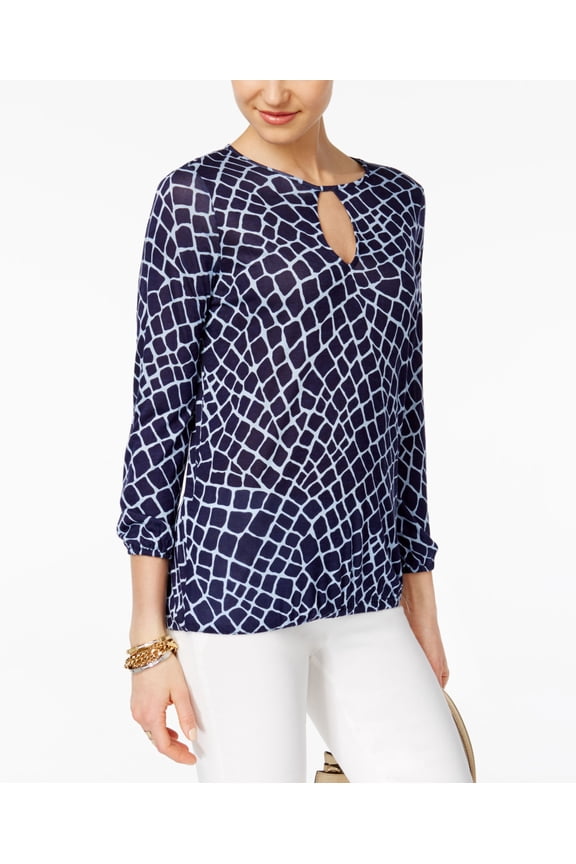 Petite Printed Keyhole Peasant Top Cloud True Navy PS