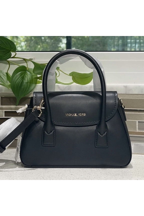 KATYA SMALL FLAP SATCHEL CROSSBODY PURSE BAG MK BLACK LEATHER GOLD