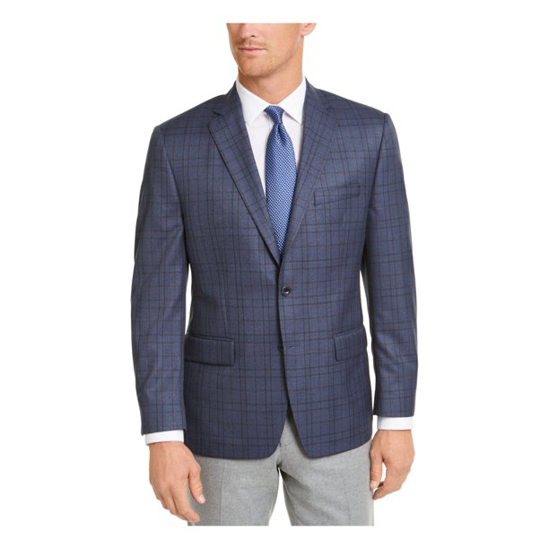 MICHAEL KORS Mens Blue Single Breasted, Windowpane Plaid Regular Fit