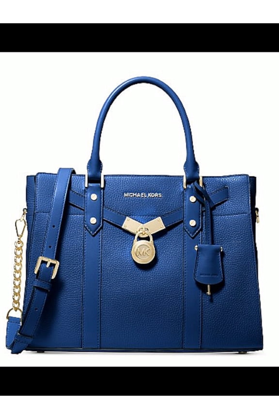 Women's Blue Embellished Leather Double Flat Strap Satchel Handbag