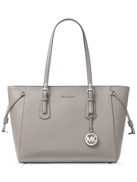 Women's Gray Voyager Feet Solid Leather Logo-Jacquard Lining Metallic Logo Double Flat Strap Tote Handbag Purse