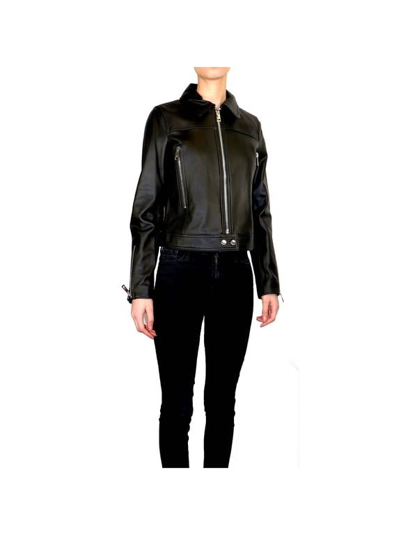 Women's Waist Leather Jacket (Black, S)