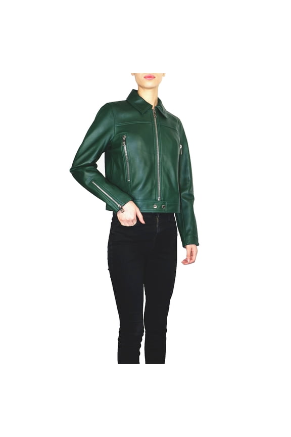 Women's Waist Leather Jacket (DarkEmerald, M)