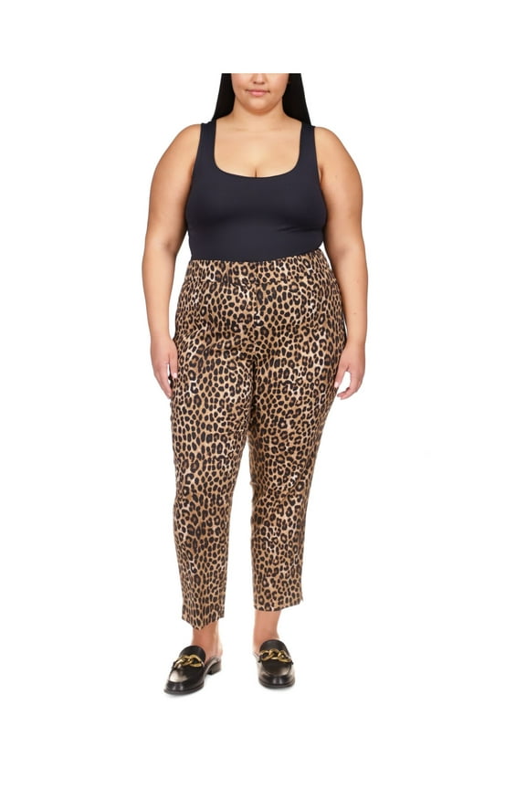 Womens Beige Zippered Slitted Hook And Bar Faux Pockets Animal Print High Waist Pants Plus 20W