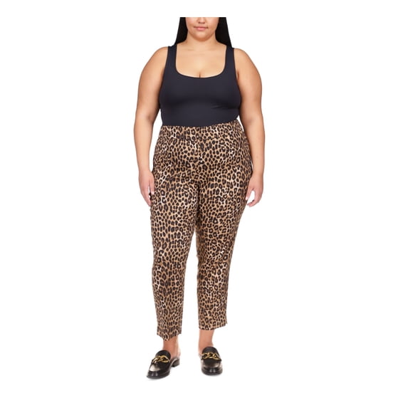 MICHAEL KORS Womens Beige Zippered Slitted Hook And Bar Faux Pockets Animal Print High Waist Pants Plus 20W
