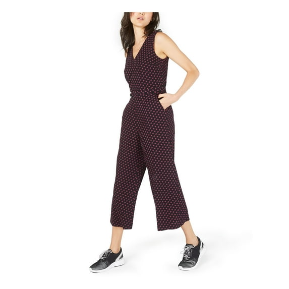 MICHAEL KORS Womens Black Belted Printed Sleeveless V Neck Straight leg Jumpsuit 4