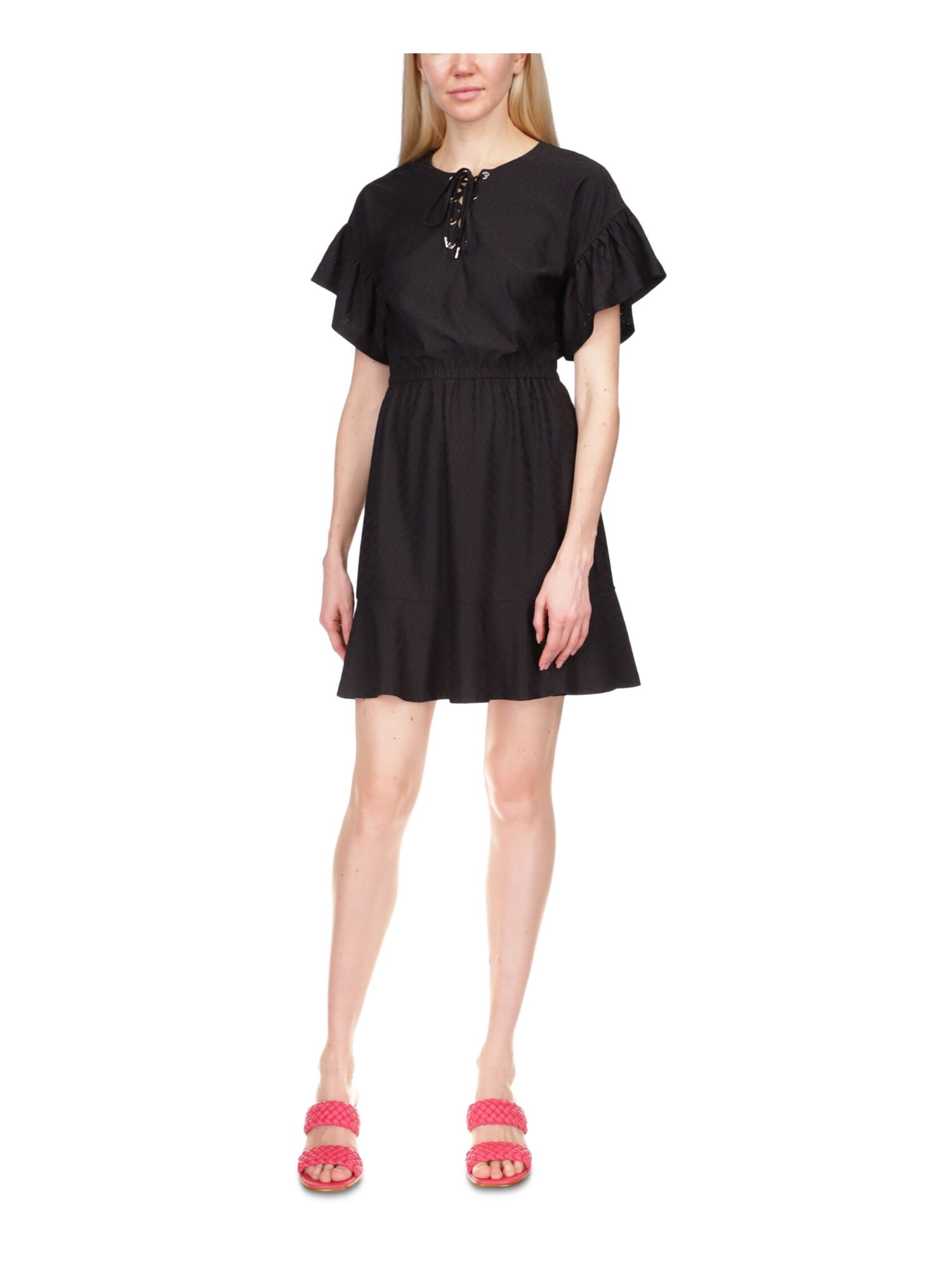 MICHAEL KORS Womens Black Ruffled Lace-up Elastic Waist Lined Flutter  Sleeve Crew Neck Mini Fit + Flare Dress L - Walmart.com