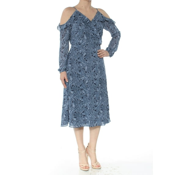 MICHAEL KORS Womens Blue Paisley Cold Shoulder Wrap Dress S