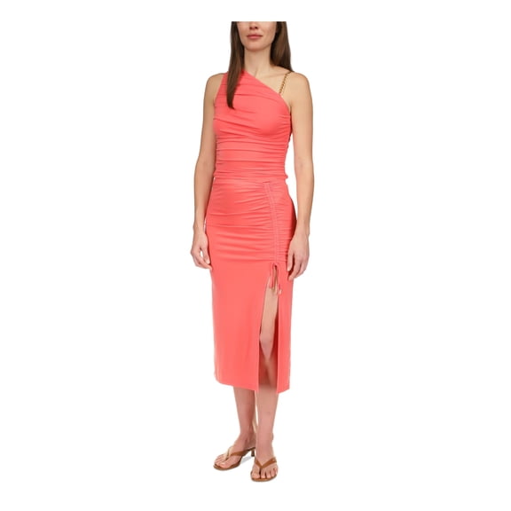 MICHAEL MICHAEL KORS Womens Coral Ruched Tie Pull-on Thigh High Slit Unlined Midi Pencil Skirt M
