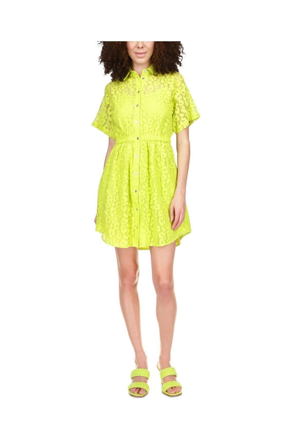 Womens Green Lace Elastic Waist Curved Hem Lined Short Sleeve Point Collar Short Party Shirt Dress XL