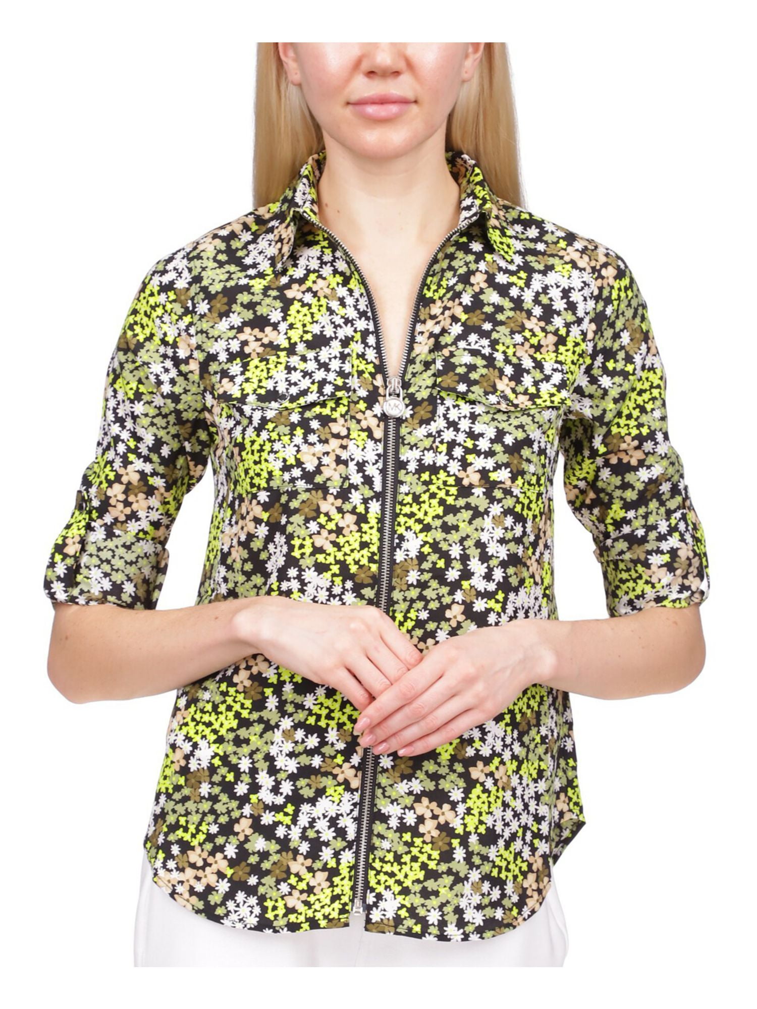 Michael Kors Women's Zippered 3/4 Sleeve Collared Top Blue Size X-Lage main image 0