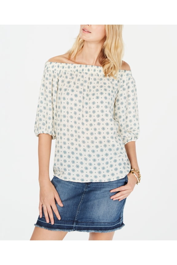 Womens Ivory Printed 3/4 Sleeve Off Shoulder Peasant Top XS