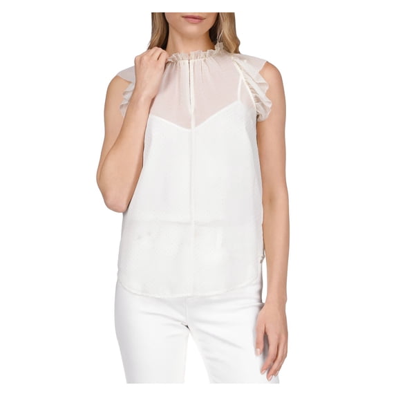 MICHAEL KORS Womens Ivory Ruffled Sheer Dewdrop Lined Hook And Eye Polka Dot Short Sleeve Split Top L