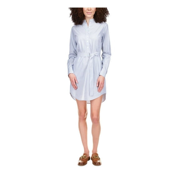 MICHAEL KORS Womens Light Blue Belted Curved Hem Button Front Striped Cuffed Sleeve Round Neck Short Shirt Dress S