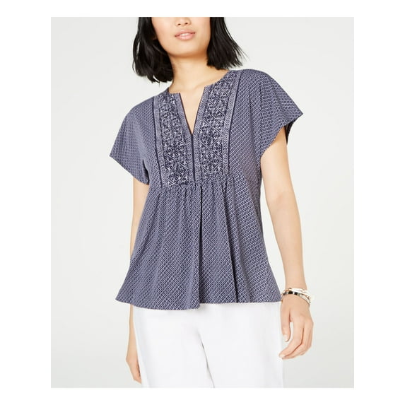 MICHAEL KORS Womens Navy Printed Short Sleeve V Neck Top Size M