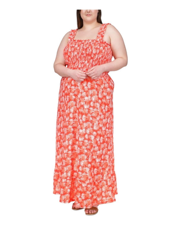 Womens Orange Smocked Ruffled Hem Printed Sleeveless Square Neck Maxi Fit + Flare Dress Plus 2X