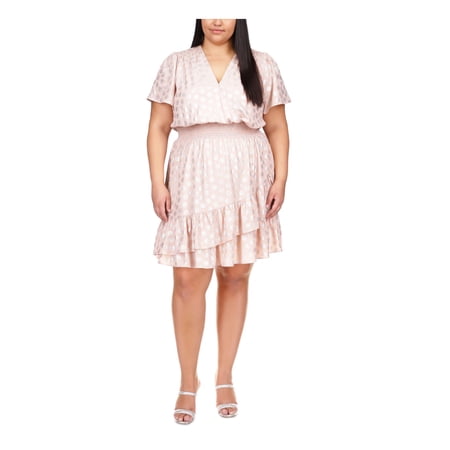 MICHAEL KORS Womens Pink Smocked Ruffled Sheer Unlined Printed Short Sleeve Surplice Neckline Above The Knee Fit + Flare Dress Plus 0X