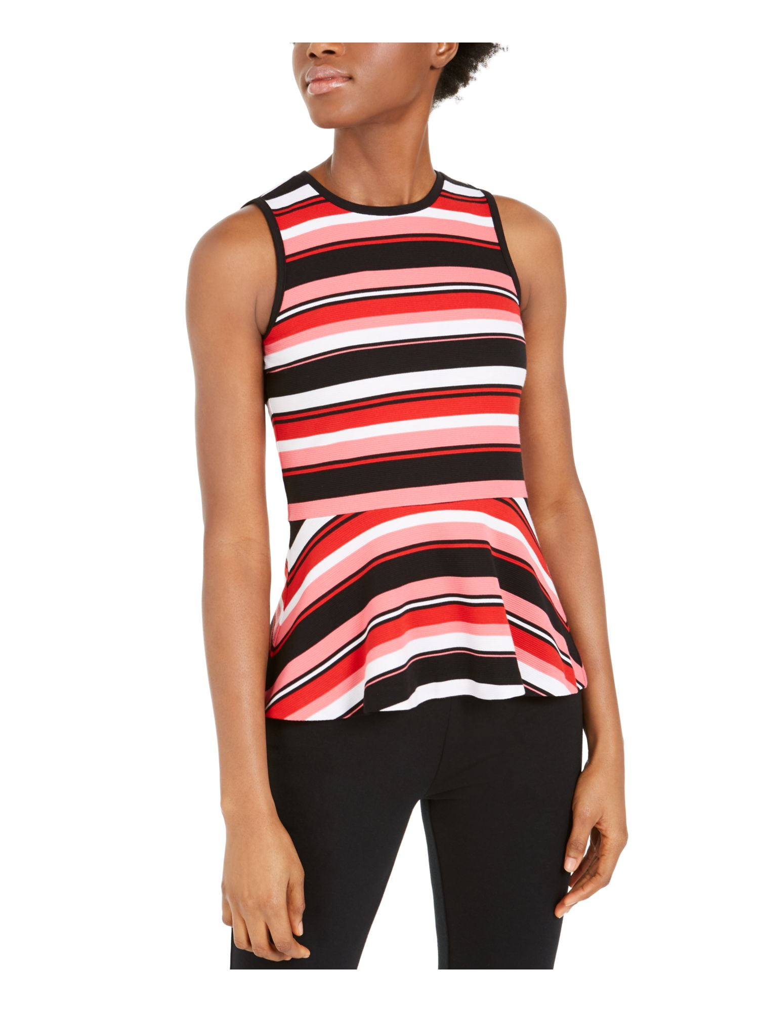MICHAEL KORS Womens Pink Striped Sleeveless Crew Neck Peplum Top