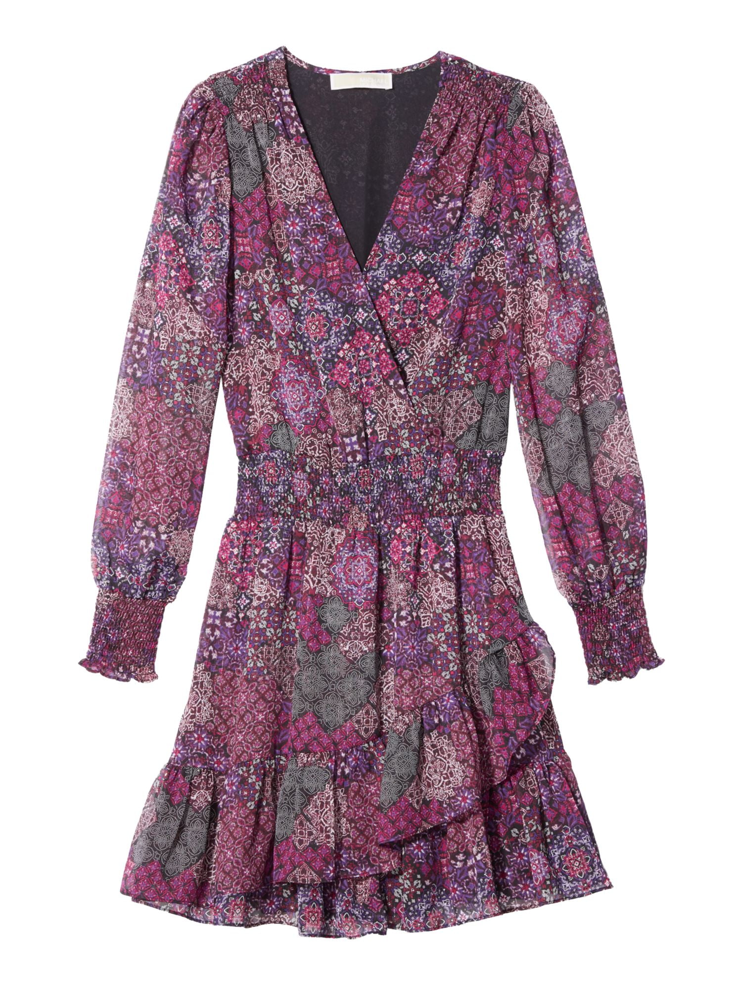 Michael Kors Womens Patchwork Ruffled Dress Purple Large