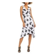 MICHAEL KORS Womens Purple Textured Floral Sleeveless V Neck Below The Knee Hi-Lo Dress Petites P