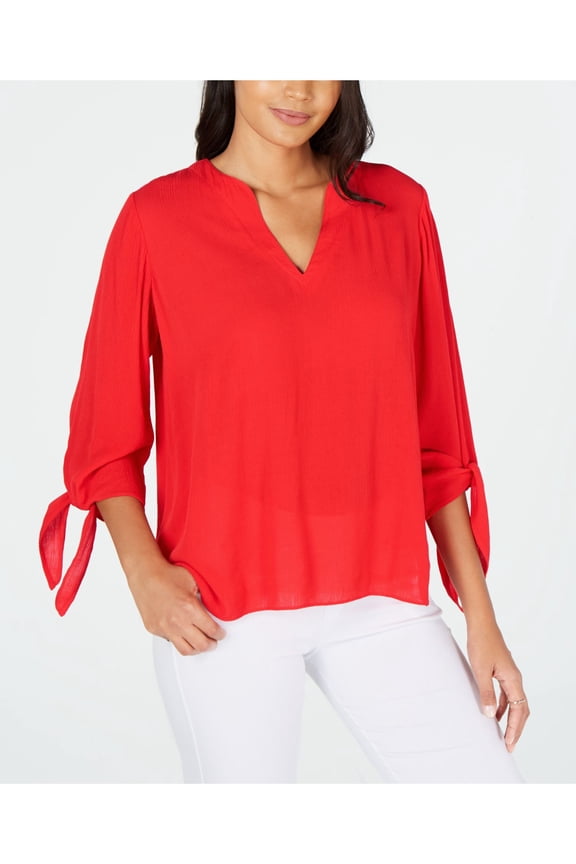 Womens Red Tie Long Sleeve V Neck Top Size: M
