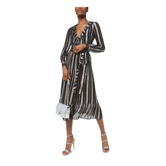 MICHAEL KORS Womens Silver Floral Long Sleeve Midi Wrap Dress Size: XL