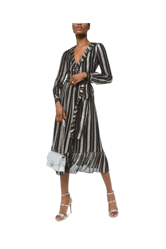 Womens Silver Floral Long Sleeve Midi Wrap Dress Size: XL