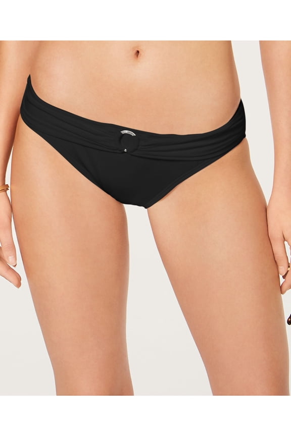 Women's Black Stretch Logo-Ring Lined Full Coverage Shirred Bikini Swimsuit Bottom S