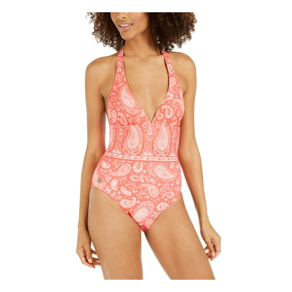 MICHAEL MICHAEL KORS Women's Coral Printed Stretch Removable Cups Lined Deep V Neck Moderate Coverage Halter One Piece Swimsuit 10