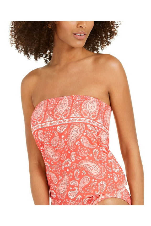 Women's Red Paisley Bandeau Tankini Swimsuit Top S